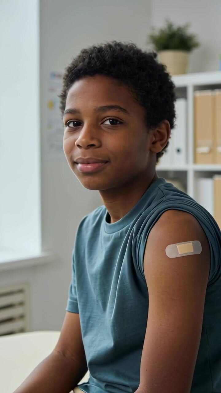 Vertical video: Taping bandage on teen left arm after shot in clinic by nurse gloved hand