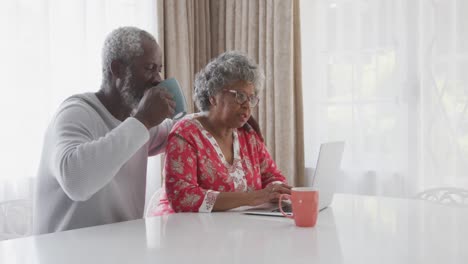 A-senior-African-american-couple-spending-time-together-working-on-a-laptop-in-social-distancing