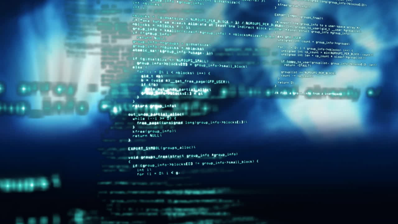 Animation of digital data processing on dark background