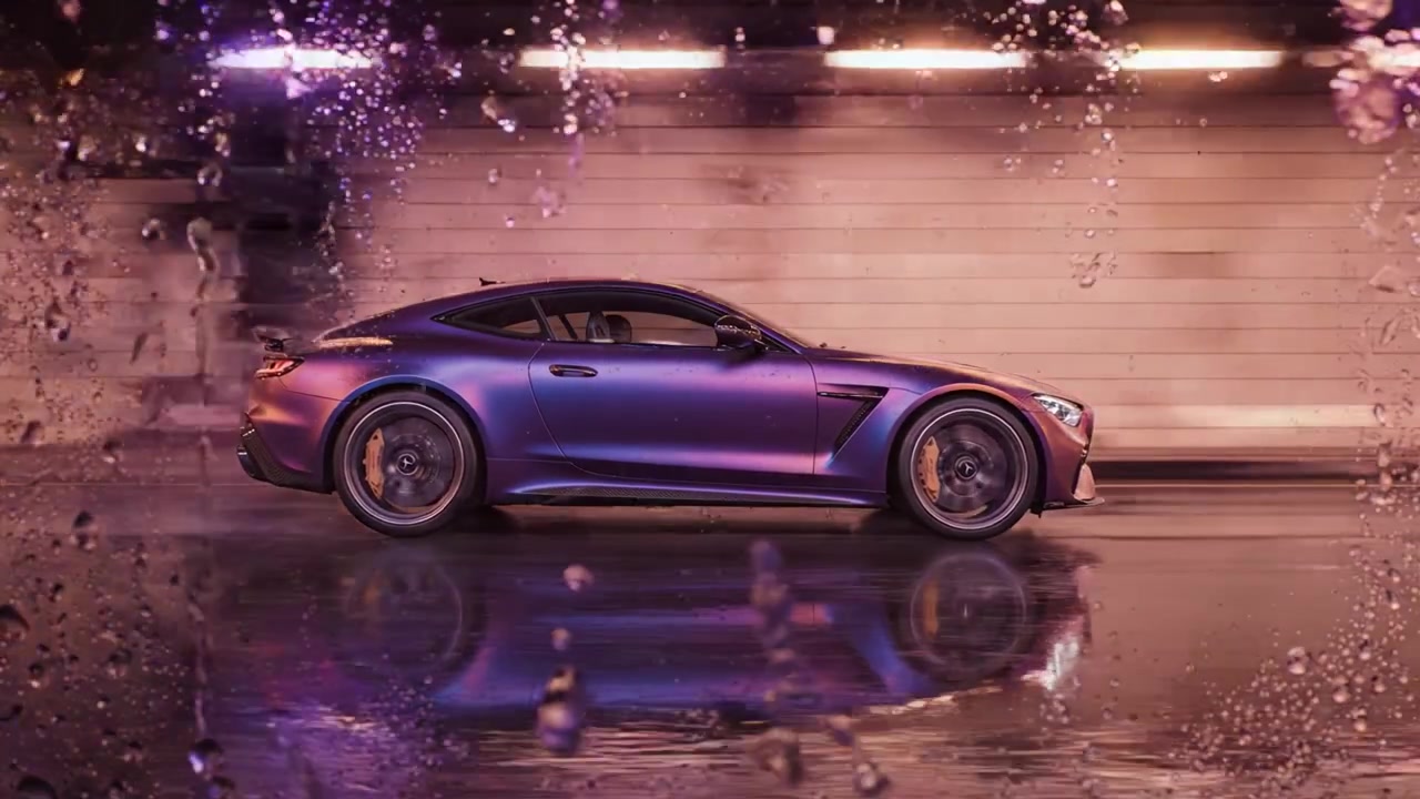 Un'auto sportiva mozzafiato ed elegante che scivola attraverso un tunnel vibrante illuminato da luci colorate, mettendo in mostra il suo design dinamico e la sua velocità su uno sfondo di goccioline d'acqua