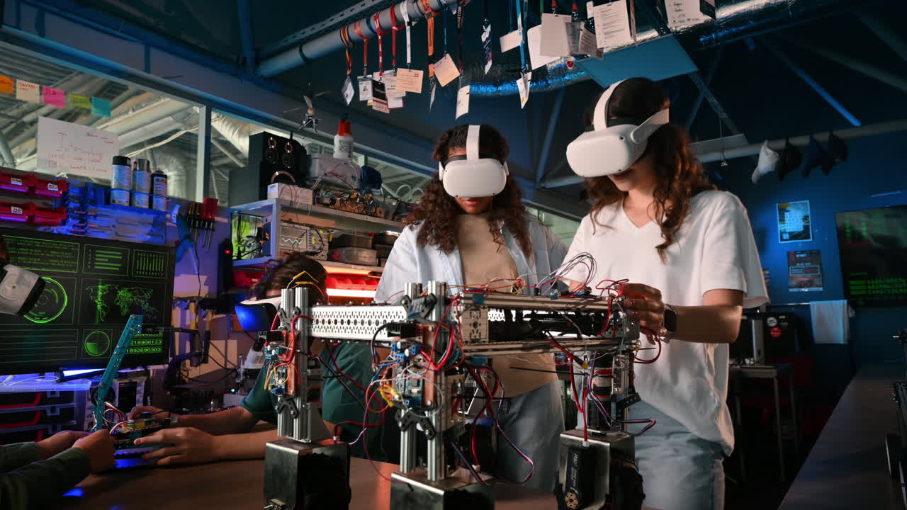VR gözlükleri takmış gençlerden oluşan bir grup, bir laboratuvarda robotik deneyleri yapıyor. Masanın üzerinde robotlar var.