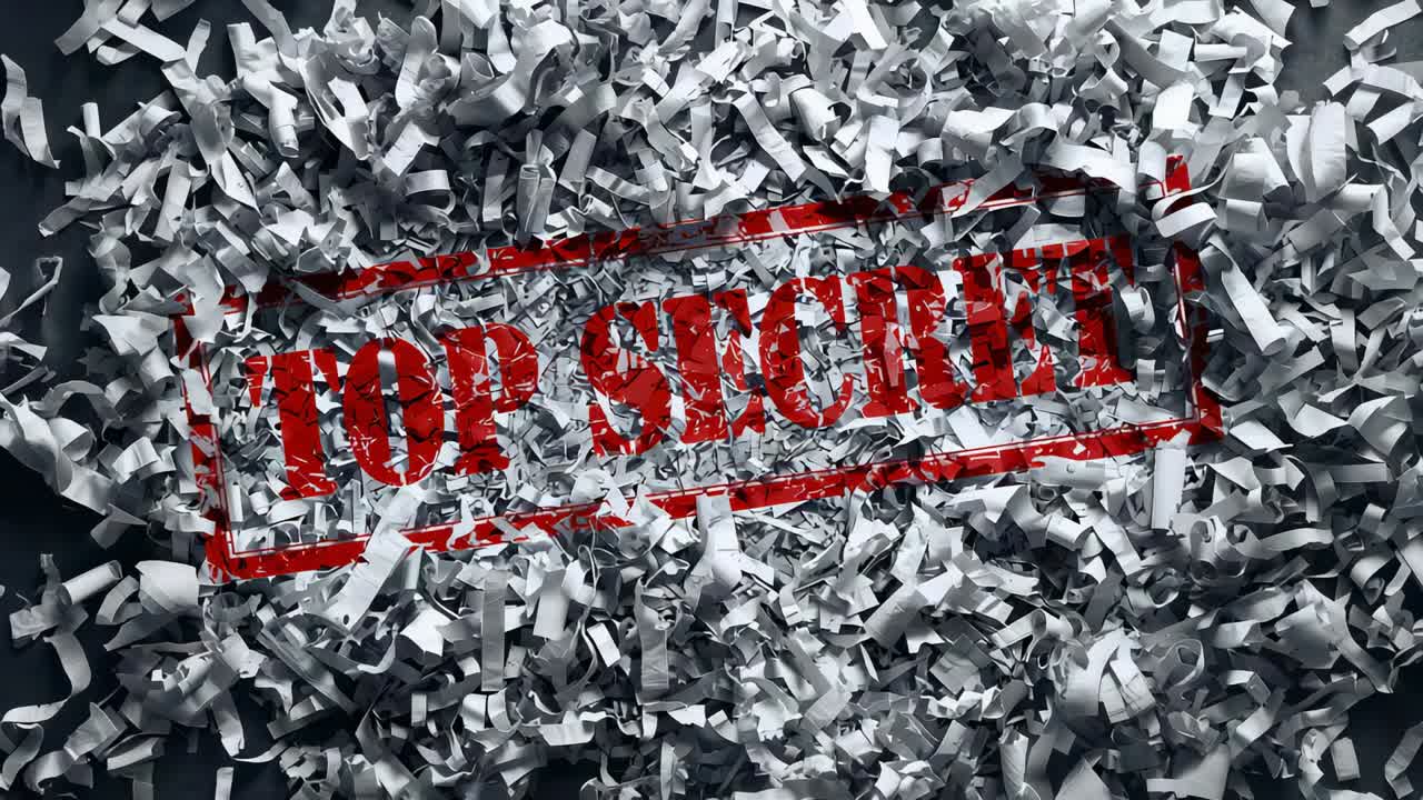 Tightening camera revealing centered red TOP SECRET stamp on dark bin, exposing shredded ribbons