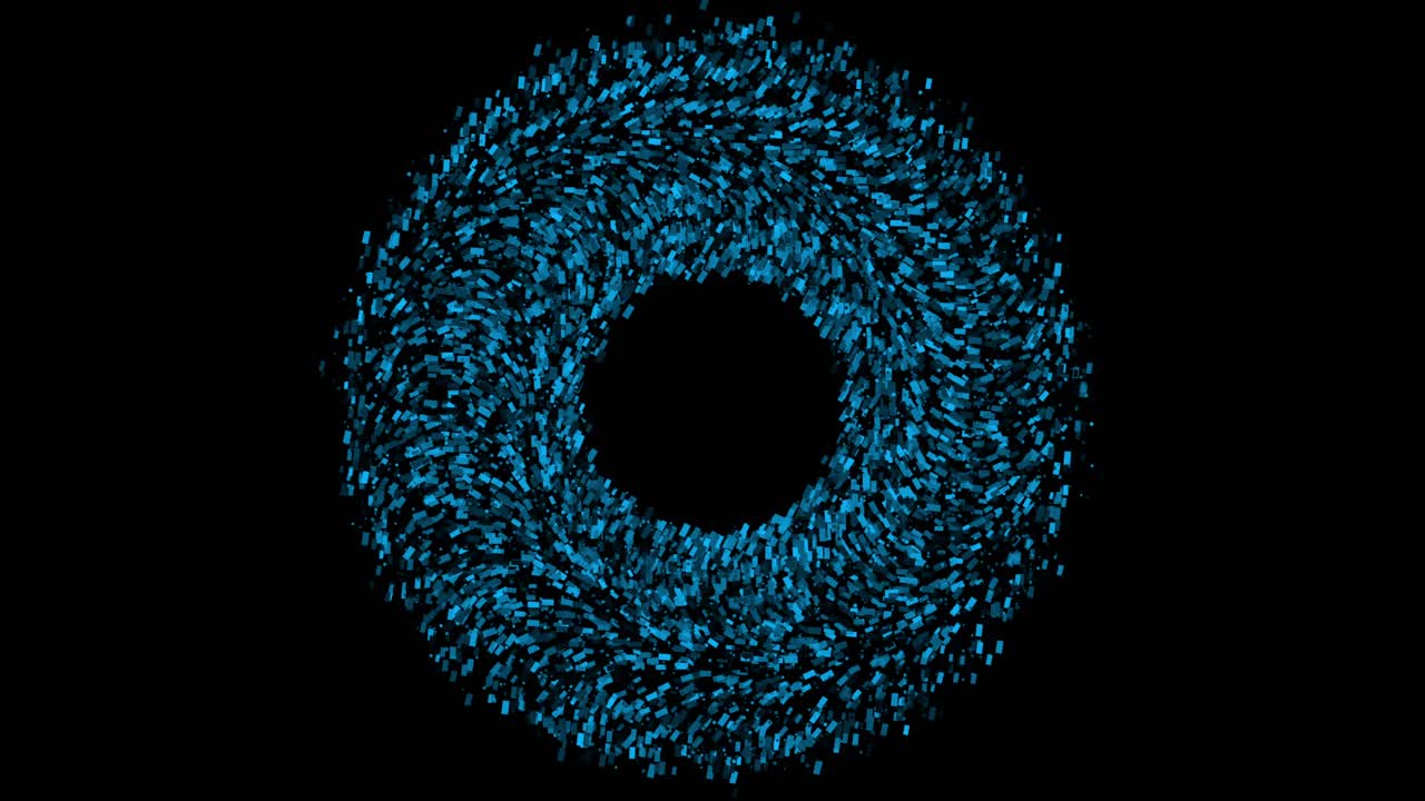 Dense ring of glowing blue particles with swirling motion on black background. Abstract visual for space, science, or energy concepts. Copy space in center for text or logo