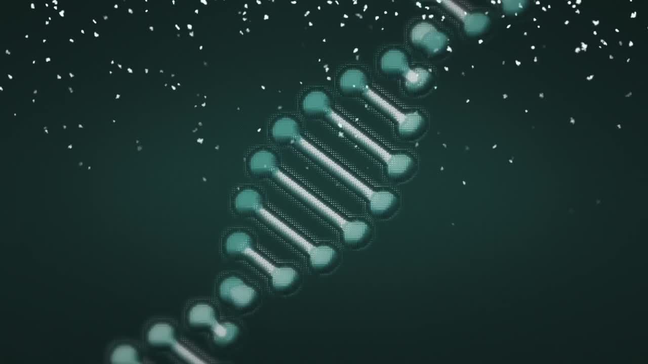 animación de una cadena de adn que gira sobre la nieve que cae sobre un fondo negro