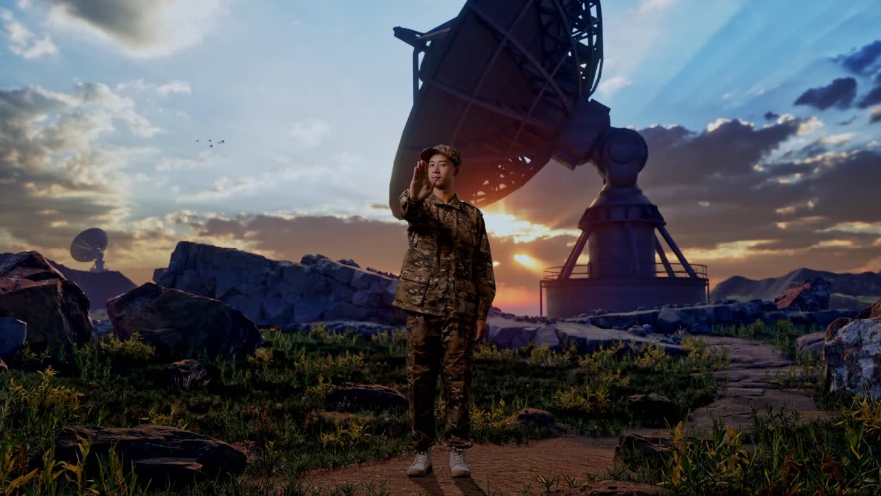 Full Body Of Asian Man Soldier Looking At Camera And Disapproving With No Hand Sign While Standing With Satellite Dish
