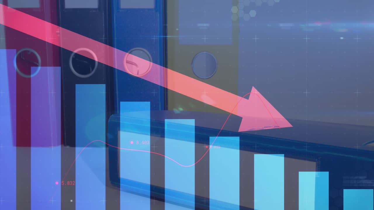 Animation of financial data processing with statistics and red arrow descending over office files