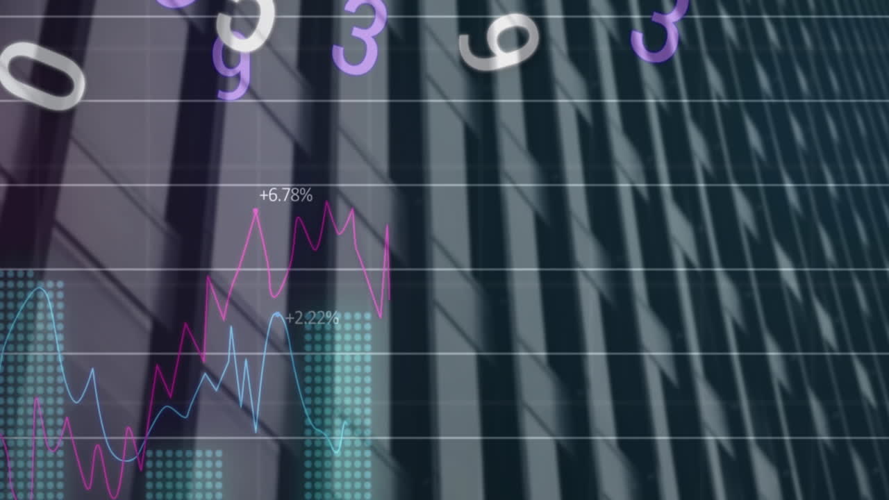Animation of statistical data processing and changing numbers against tall building