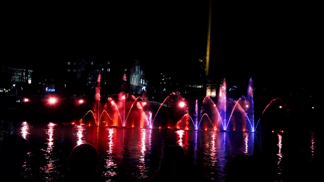 Water show in Tammerkoski rapids in Tampere, Finland. The show is part of Valoviikot (Tampere Festival of Light) that fills the city with light shows during the otherwise darkest time of the year.