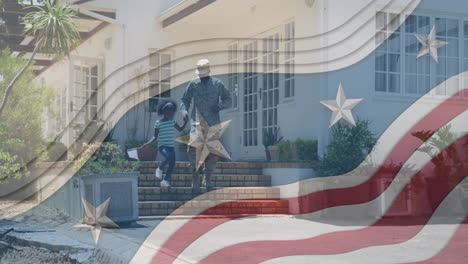 animation of flag of usa waving over smiling african american soldier and his daughter