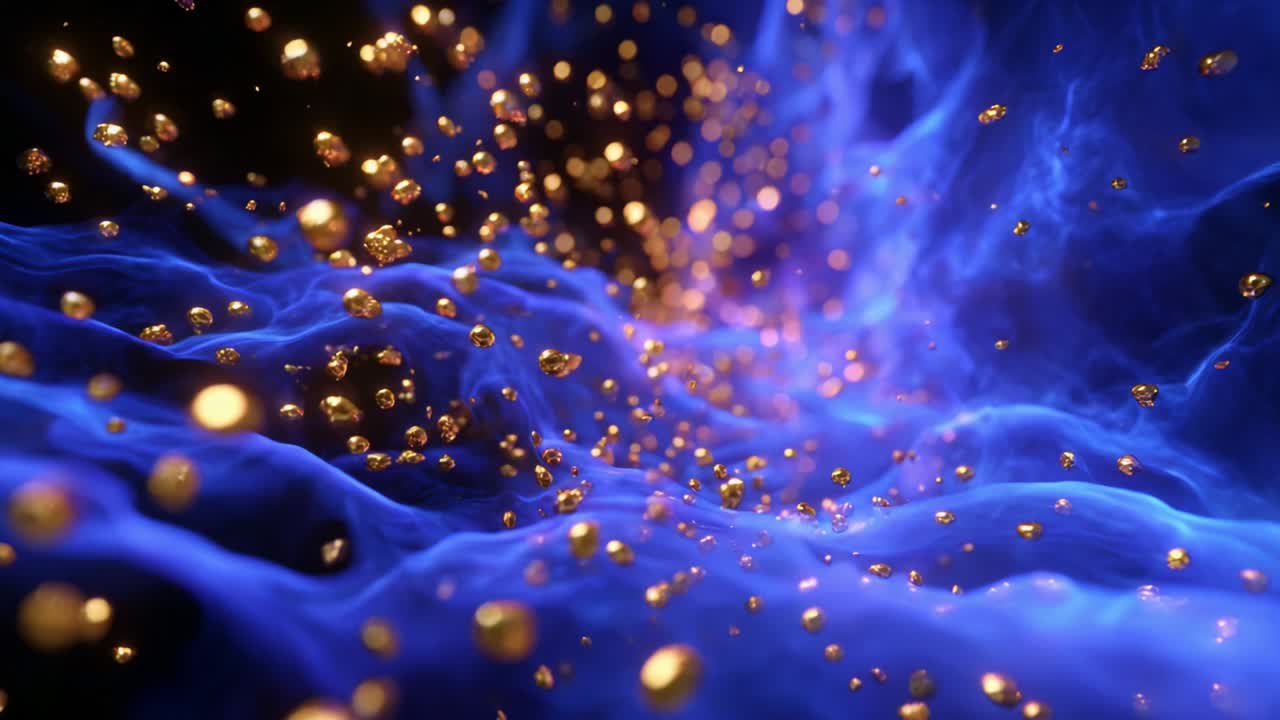 A Mesmerizing Display of Floating Gold Particles Amidst Swirling Blue Smoke, Capturing the Essence of Ethereal Beauty and Dynamic Motion in a Hypnotic Visual Experience