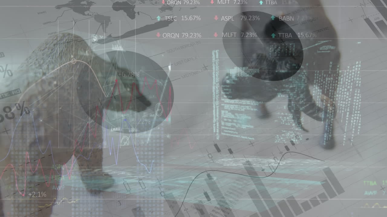 과 황소 및 스크린을 통해 금융 데이터 처리의 애니메이션