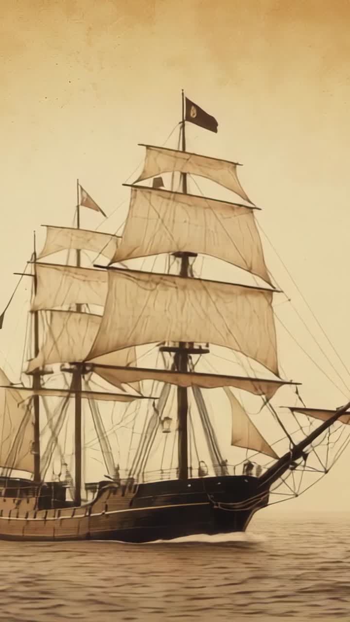 Vertical video: Gliding under light breeze, three-masted ship cutting through sea, billowing sails