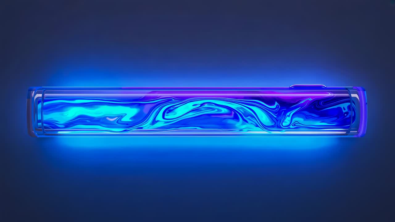 Powering on long tube emitting shifting blue-purple swirls on matte wall, with LED fluid display