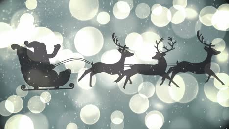 Digital-animation-of-snow-falling-over-black-silhouette-of-santa-claus-in-sleigh