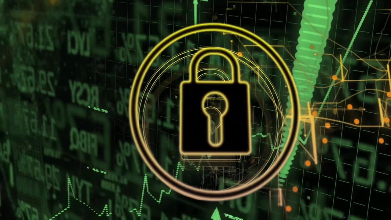 Clicking startup button streaming green data animating padlock forming gold ring pulsing security