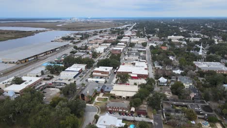 downtown brunswick georgia wide aerial view tracking right