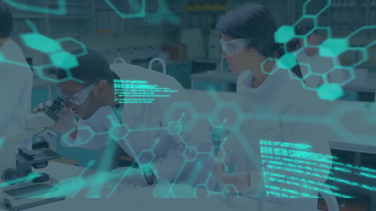 Animation of scientific data processing over group of scientist in laboratory