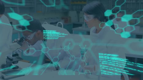 animación del procesamiento de datos científicos en un grupo de científicos en el laboratorio