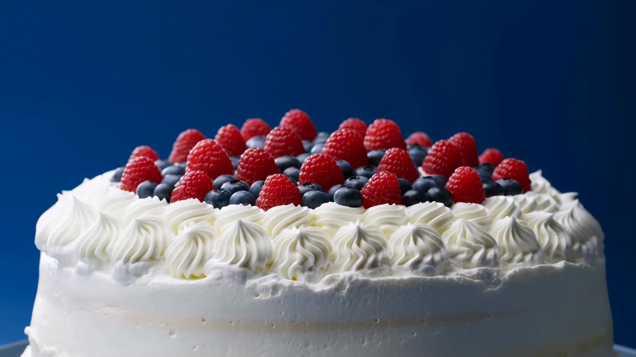Vista ravvicinata in studio da un'angolazione bassa di una torta rotonda a strati con glassa liscia di panna montata bianca, bordo decorato con rosette, lamponi e mirtilli freschi, su uno sfondo blu intenso