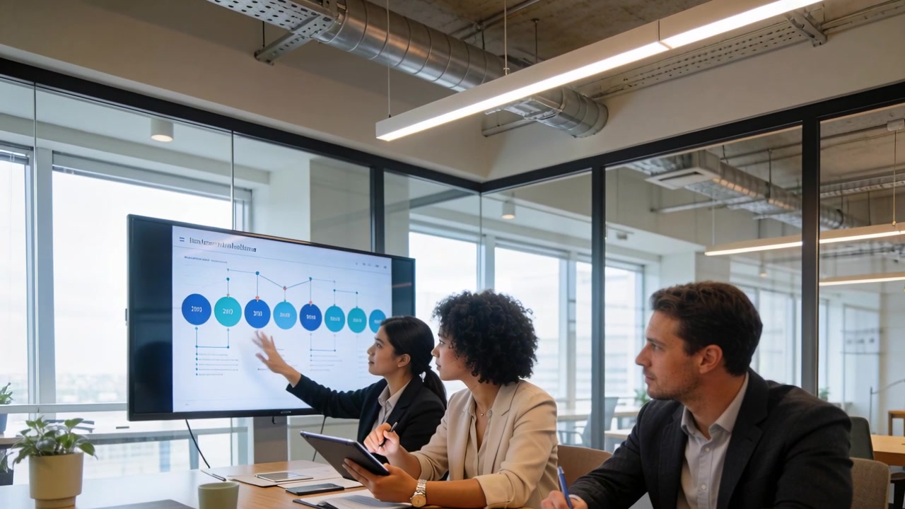 Pointing woman in black blazer moving along timeline of nodes after update at meeting room tablet