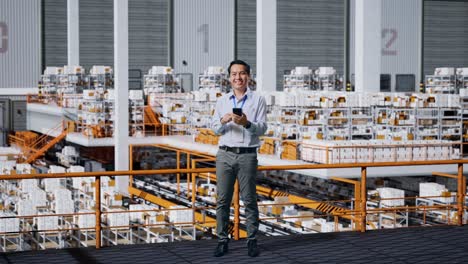 cuerpo lleno de hombre de negocios asiático usando teléfono móvil y sonriendo a la cámara en el almacén
