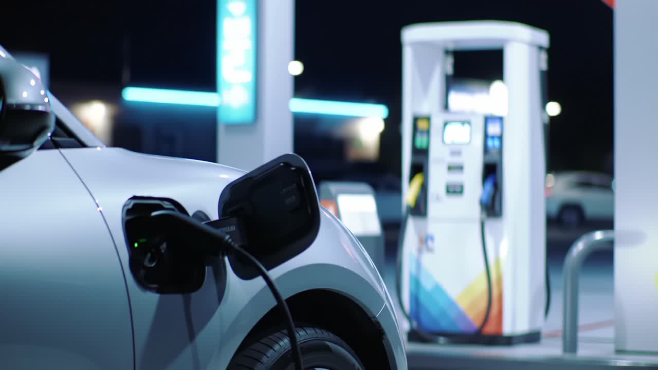 Electric vehicle charging at a modern station under the night sky, highlighting the convenience and technology of sustainable transportation options