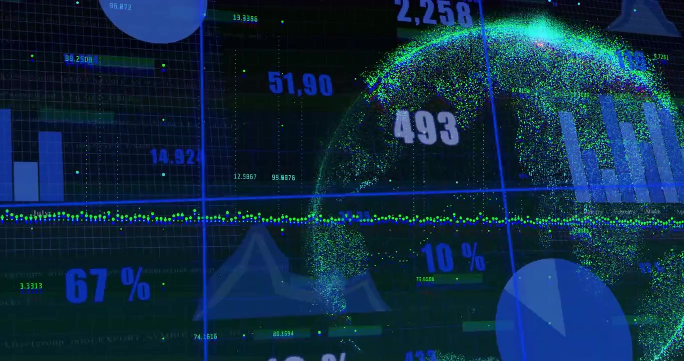 Particle arc initiating globe, globe forming and rotating while charts updating and showing metrics