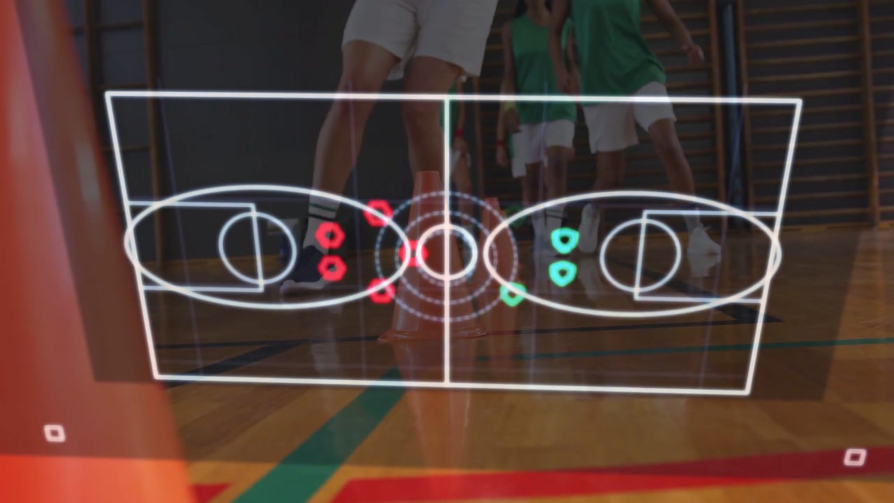 Players starting dribbling in basketball cone drill, fading schematic over players marking spacing