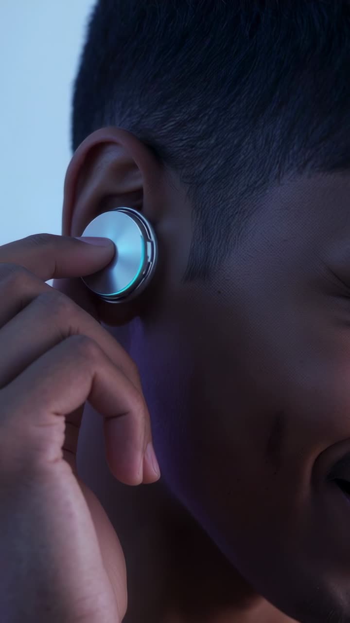 Vertical video: Touching man's right ear in studio, finger activating earbud lit pink LED demo