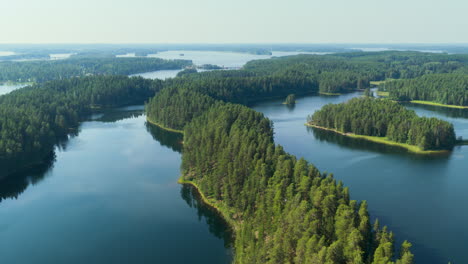 aerial view flying over unique nature of lake saimaa, summer day in finland