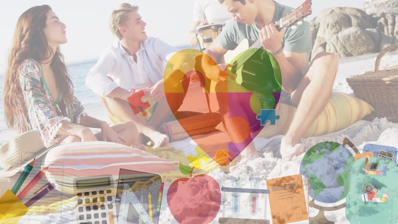 여름 해변 파티에서 행복한 친구들 위에 다채로운 퍼즐 조각과 학교 아이콘의 애니메이션