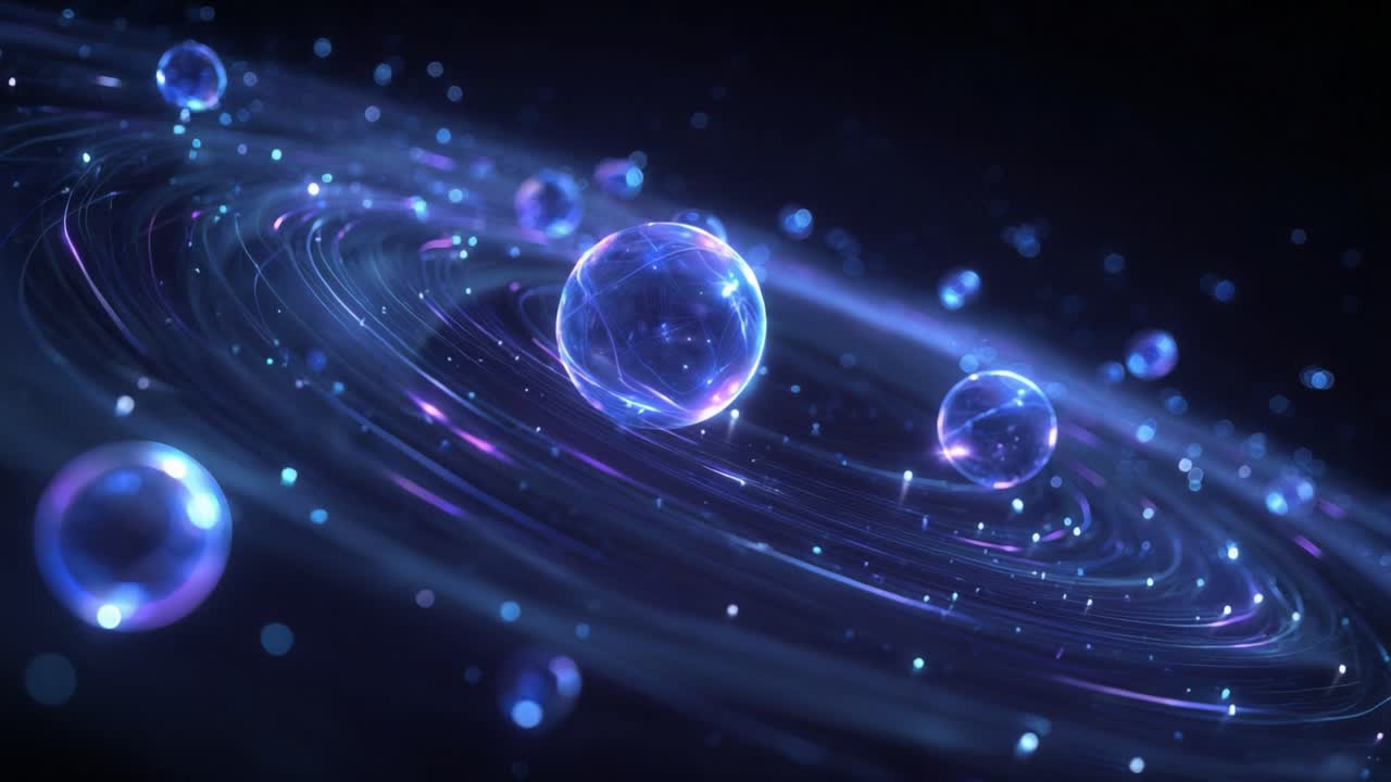 Luminous celestial bodies resembling planets orbiting within a swirling spiral galaxy filled with sparkling stardust, representing an abstract journey through deep space and cosmic energy fields