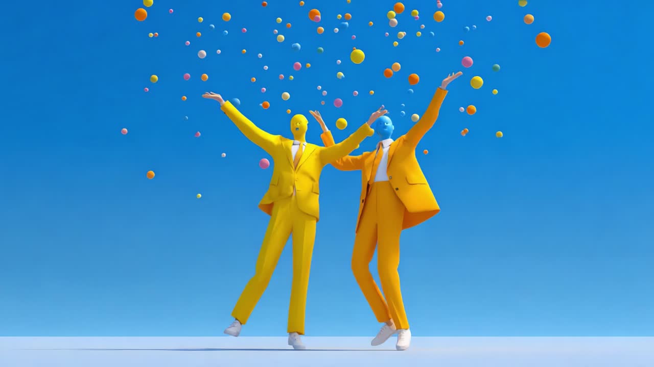 Two Colorful Characters Celebrate with Joy in a Vibrant Blue Sky, Playfully Tossing Brightly Colored Balls of Various Sizes Around Them in a Cheerful Dance of Happiness