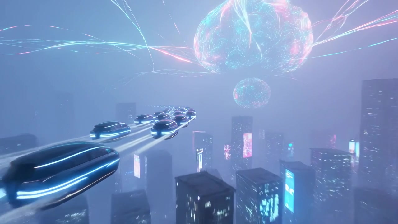 Flying pod fleet moving toward glowing orbs above neon city, filaments attracting fleet for power