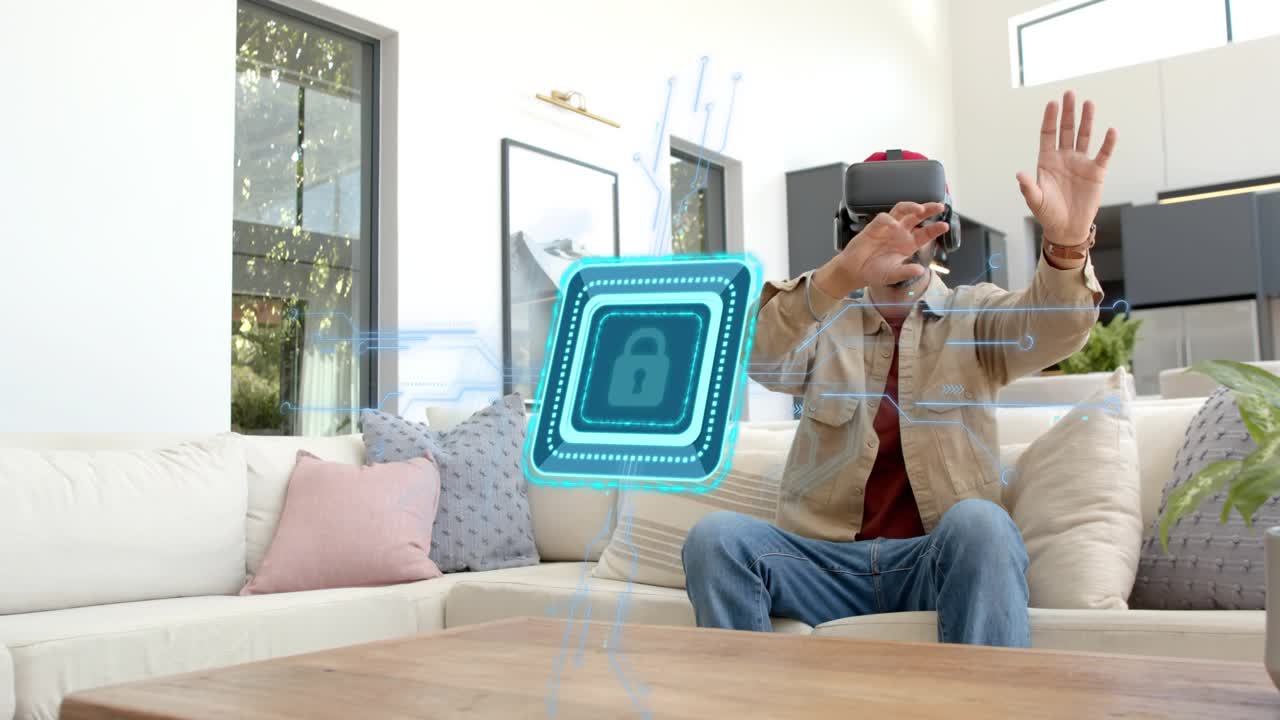 Man wearing VR headset raising hands toward floating hologram padlock, unlocking security tech