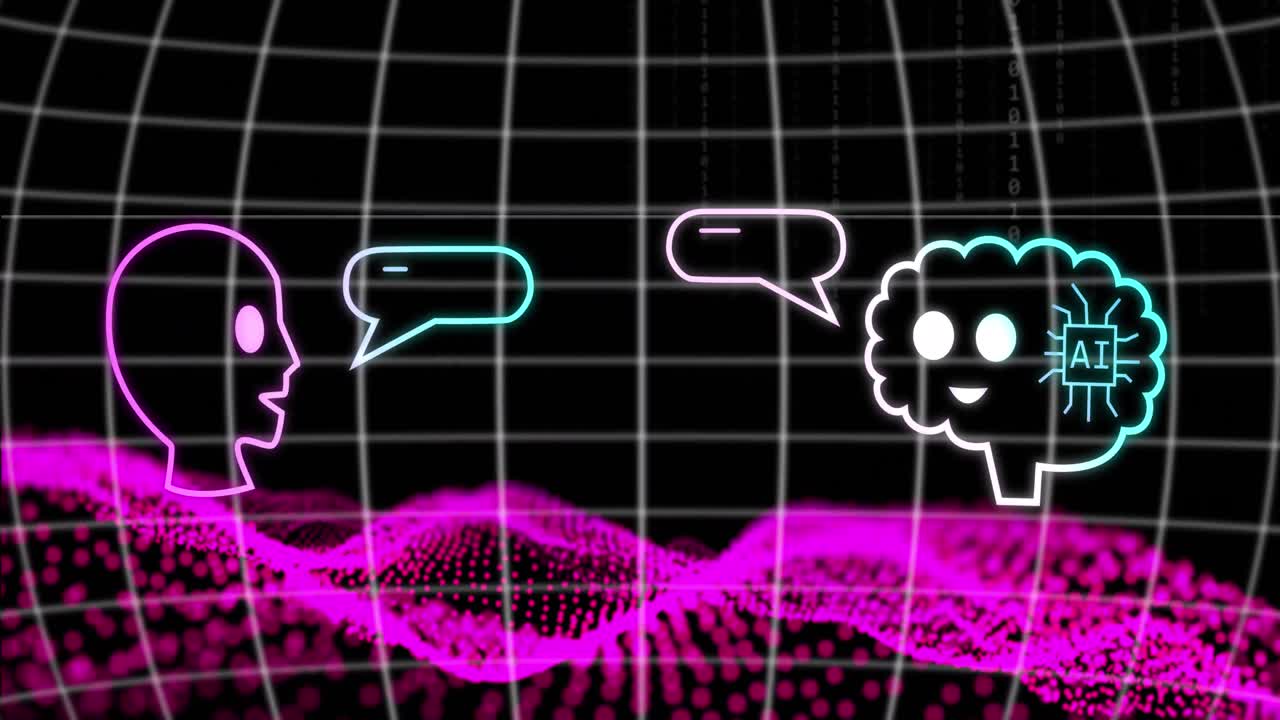 보라색 mesh와 어두운 배경 위에 ai 데이터 처리의 애니메이션