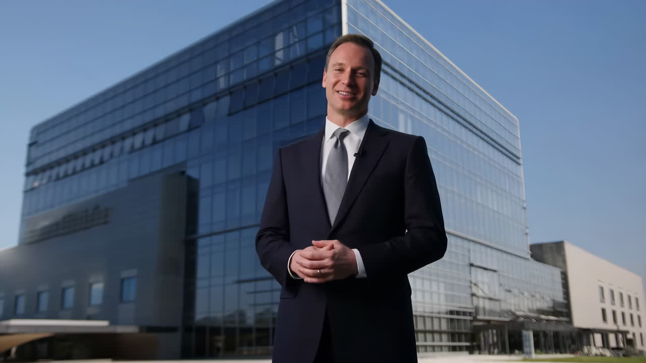 Man in a suit standing in front of a modern glass building
