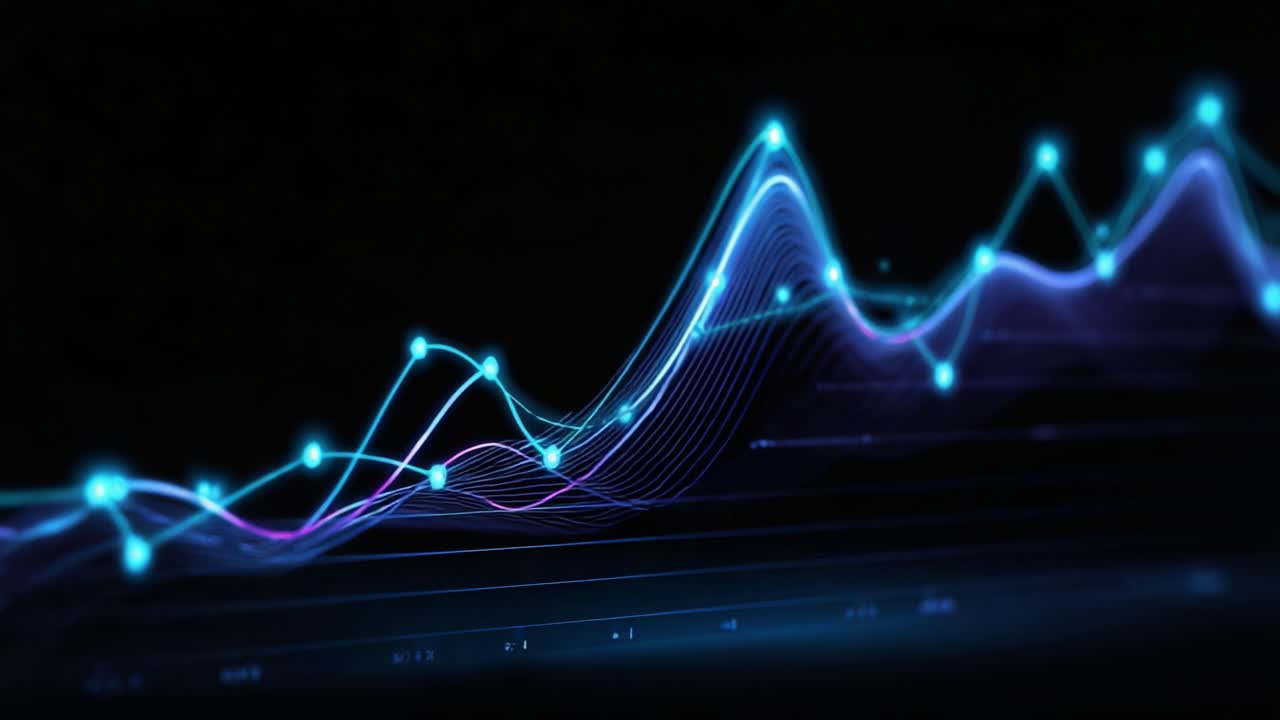 Dynamic Data Visualization: A Captivating Display of Vibrant Graphs Showcasing Fluctuating Trends and Patterns in a Dark Background, Perfect for Technology and Analytics Themes