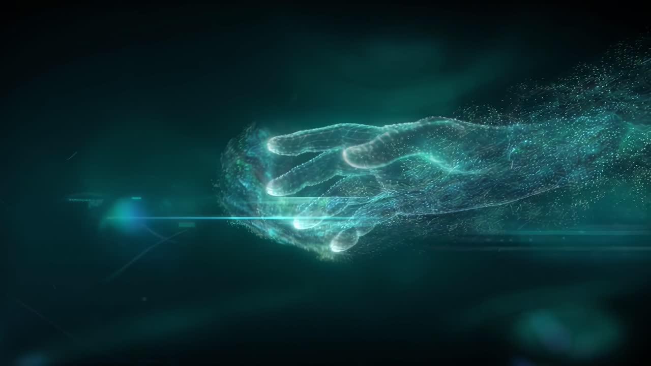 Futuristic digital hand reaching out, side angle. Glowing lines and particles in video style. Live