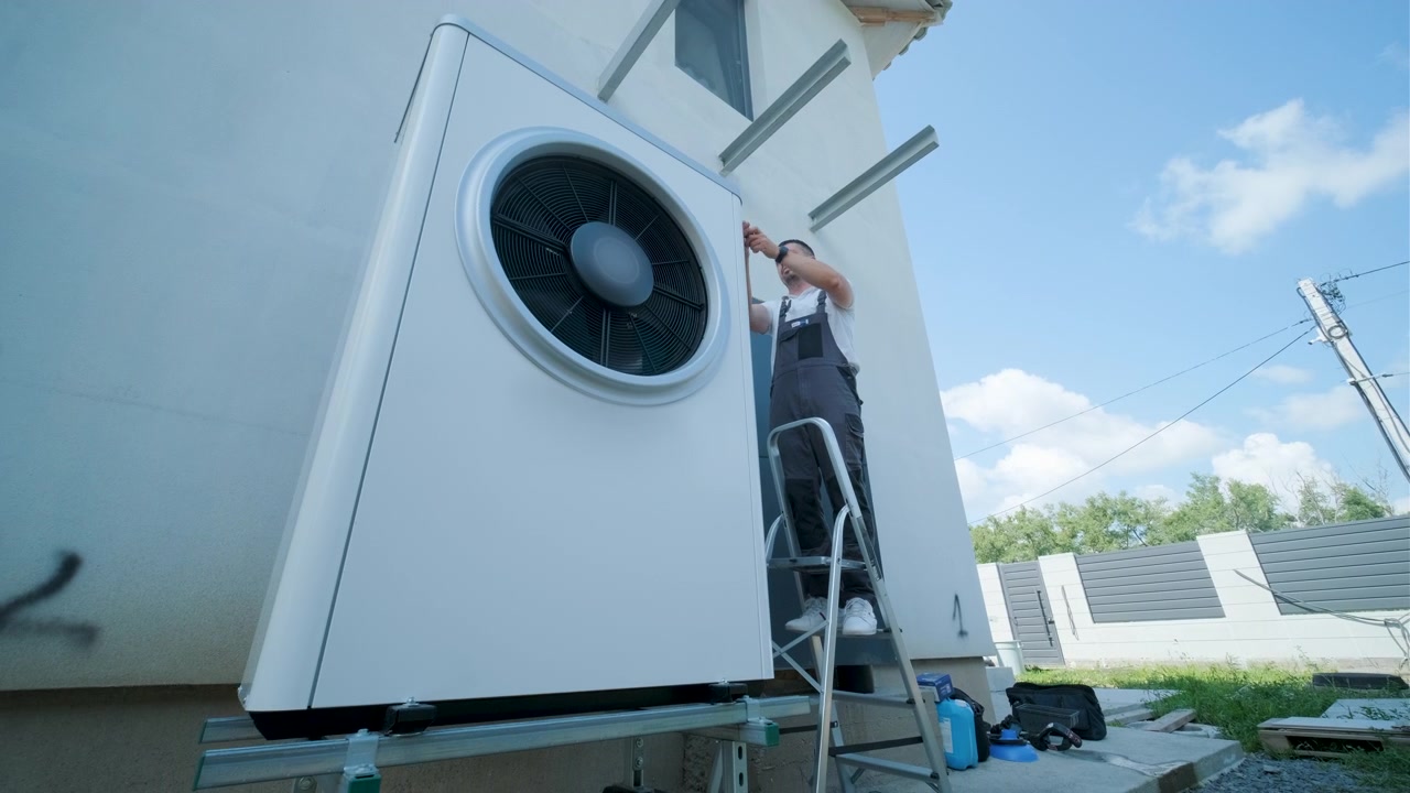 Technician Installing Heat Pump Unit on Residential House Exterior