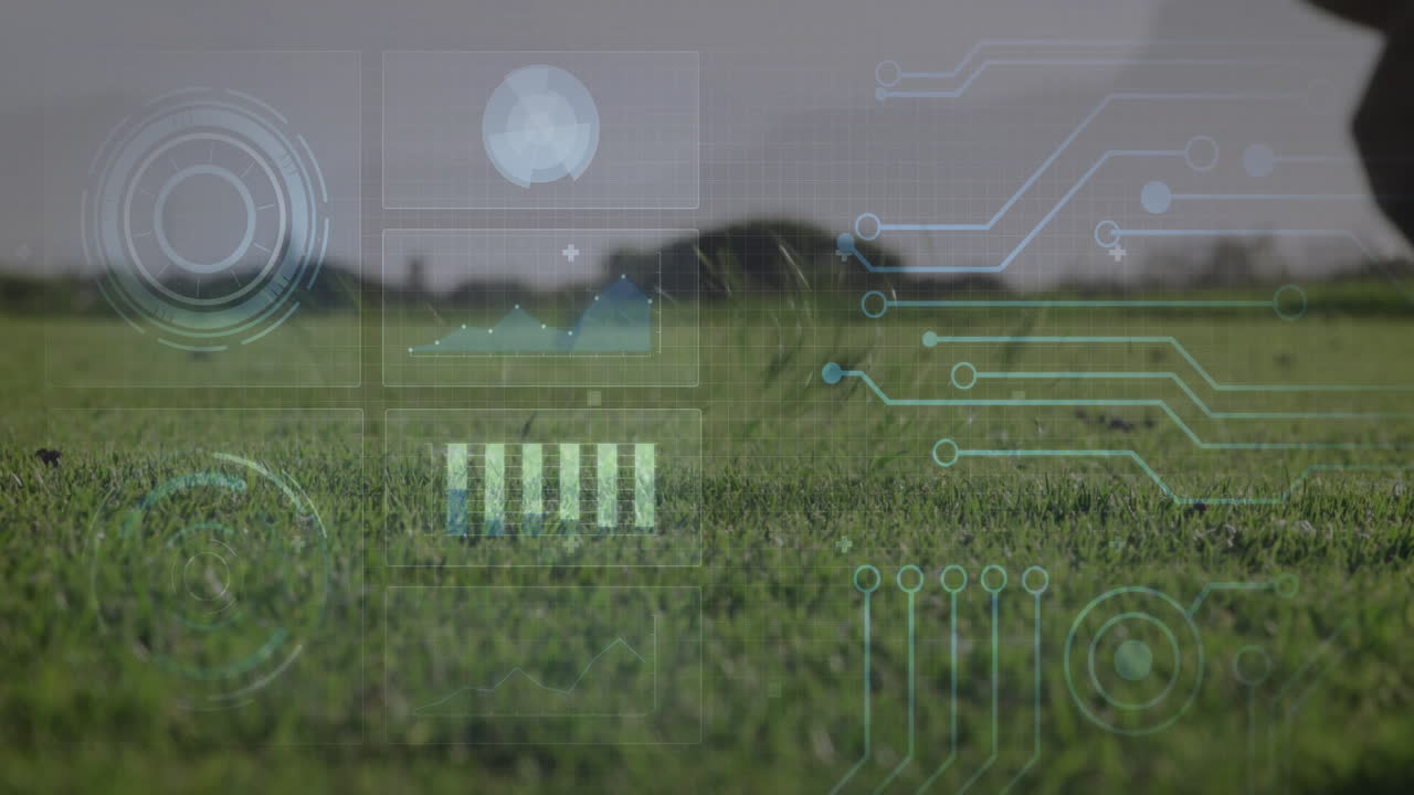 Golf ball on grass with digital data processing animation overlay