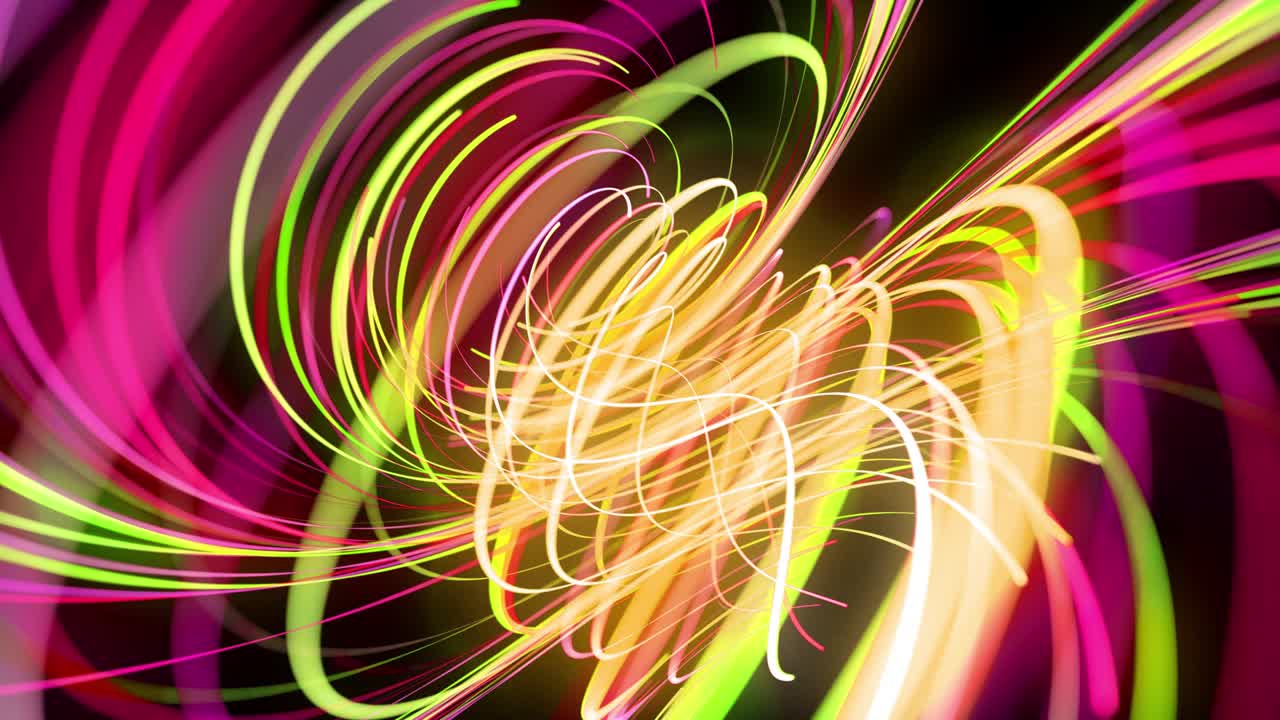 Light flow bg in 4k. Abstract looped background with light trails, stream of green red yellow neon lines in space move to form spiral shapes. Modern trendy motion design background light effect