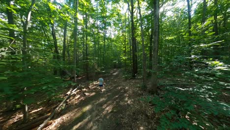 fpv drone following a man running along a trail in the woods with the sun flashing through the leaves