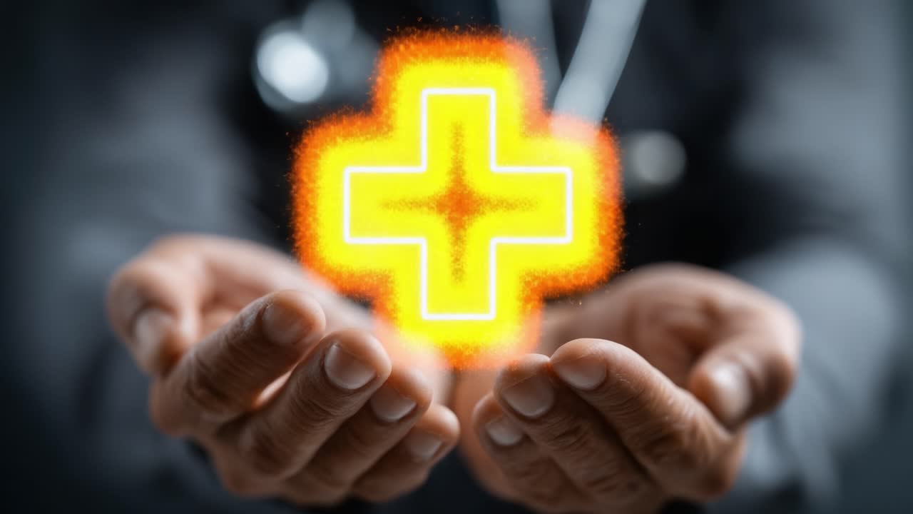 The Healing Gesture: Hands Cradling a Glowing Medical Cross Symbolizing Care, Compassion, and the Heart of Healthcare in a Dynamic Visual Presentation