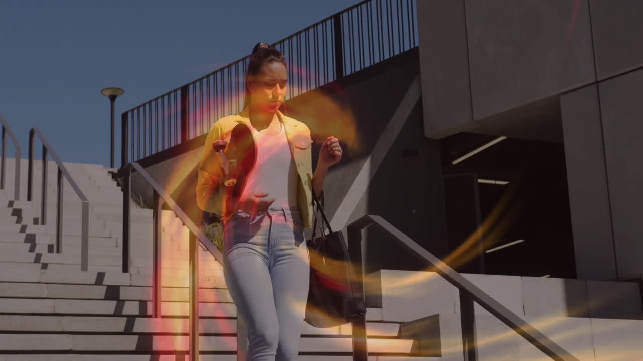 Woman walking down stairs carrying skateboard and tote bag for business, with animated graph icons