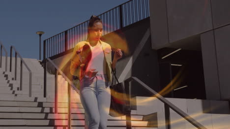 woman walking down stairs carrying skateboard and tote bag for business, with animated graph icons