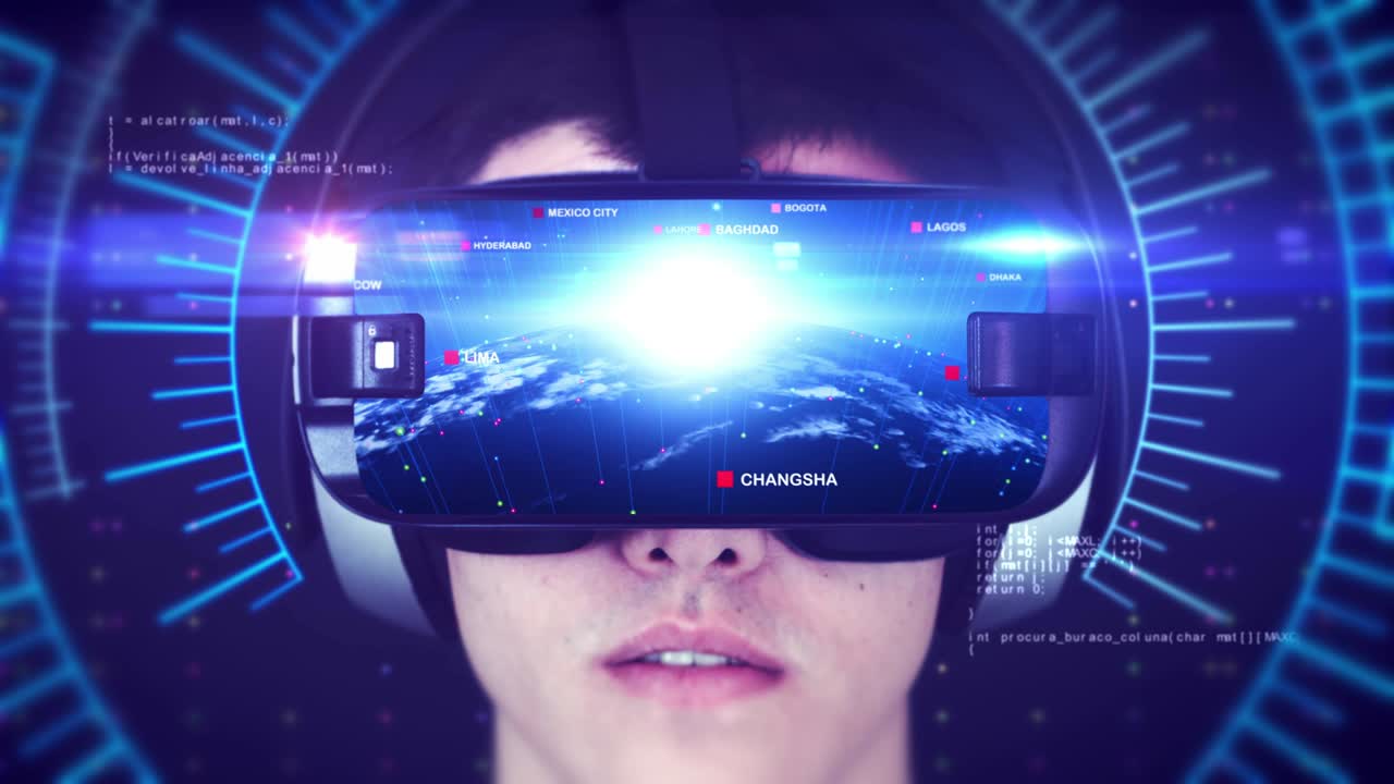 vr 헤드을 착용하고 3d 가상 현실을 경험하는 젊은이.