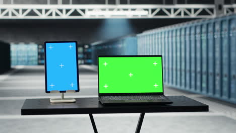 isolated screen tablet and laptop in high tech data center facility
