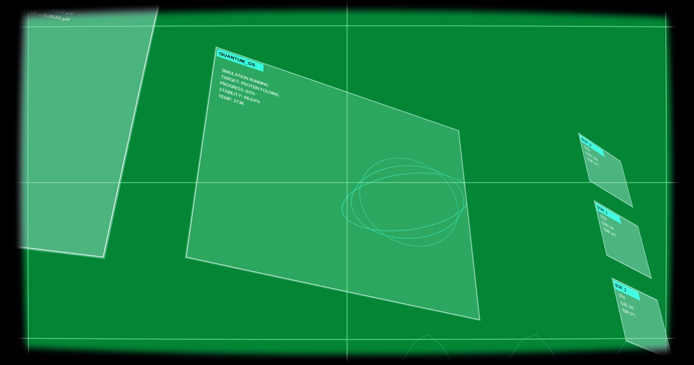 On camera pan QUANTUM_OS UI shifting, cyan loops animating to show system stats, transparent canvas