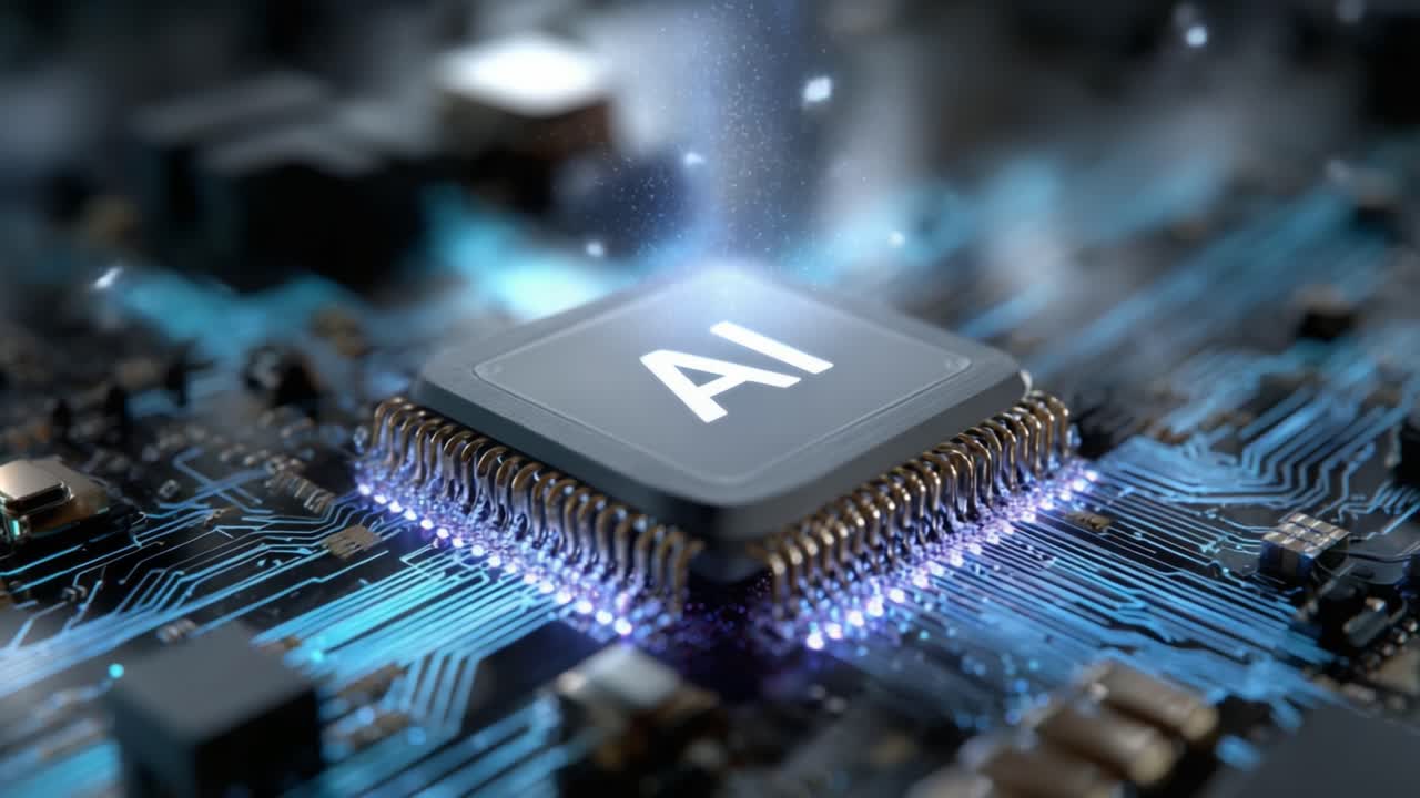 A Glimpse into Advanced Technology: A Close-Up of an AI Microchip Illuminated by Energy in a High-Tech Circuit Board Setting